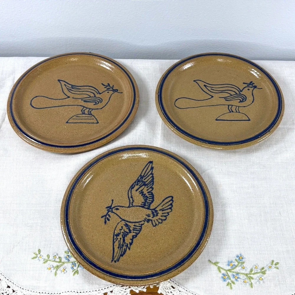 Vintage 1995 New Harmony Pottery Dove of Peace Stoneware Plates Set of 3 Signed
